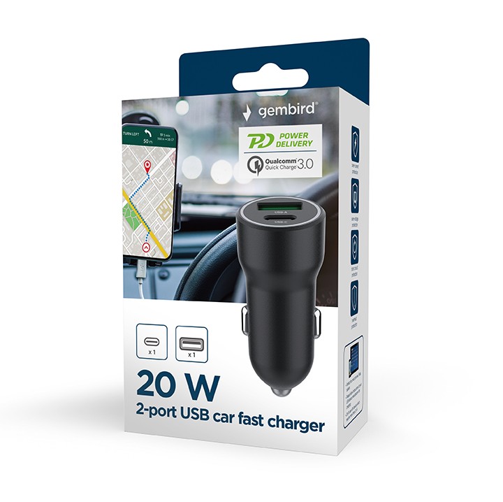 Gembird Caricatore rapido per auto a 2 porte USB e Tipo-C  20 W, nero