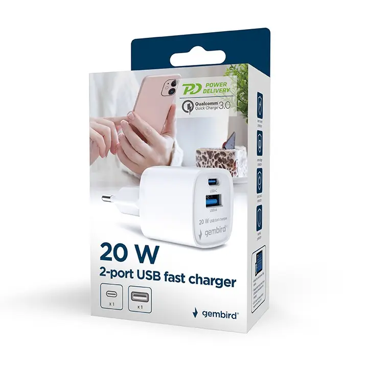 Gembird Caricatore rapido USB a 2 porte da 20 W 1 USB e 1 type-c 3.0
