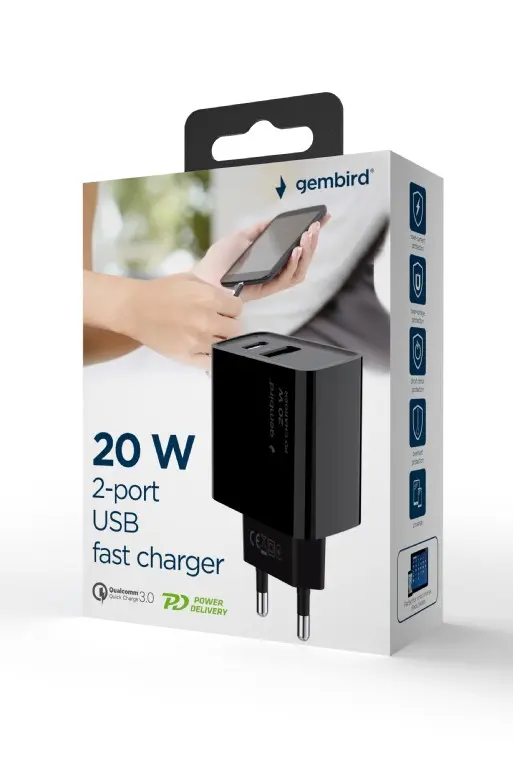 Gembird Caricatore rapido USB a 2 porte da 20 W 1 USB e 1 type-c 3.0 , nero