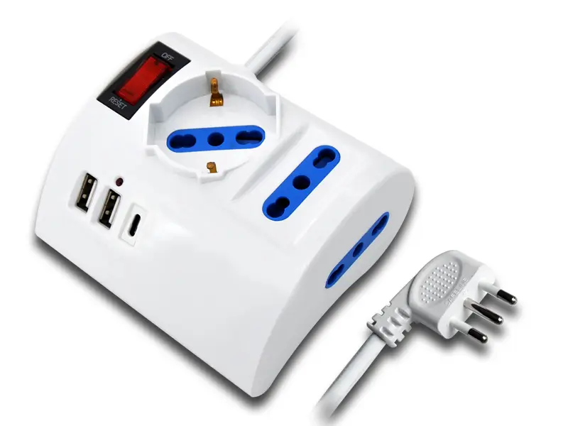 Multipresa da tavolo 6 vie 1 Shuko/Bipasso, 2 Bipasso, 2USB-A + 1 USB-C con interruttore 10A