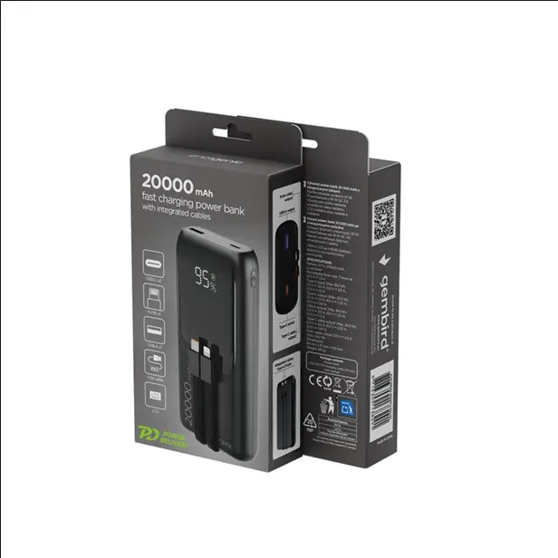 Gembird Power bank da 20 W con ricarica rapida e cavi integrati, 20000 mAh, nero