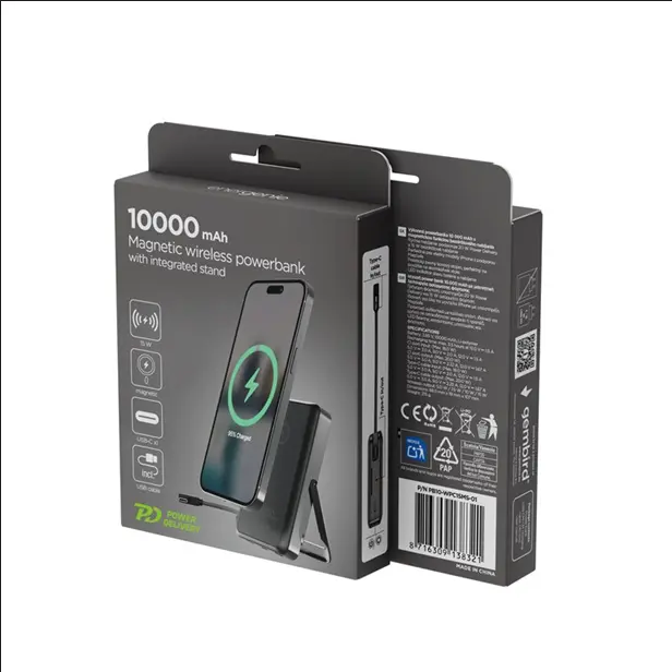 Gembird Powerbank wireless magnetico da 15 W con supporto integrato, 10000 mAh, nero