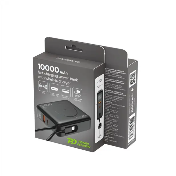 Gembird Power bank a ricarica rapida da 20 W con caricabatterie wireless, 10000 mAh, nero