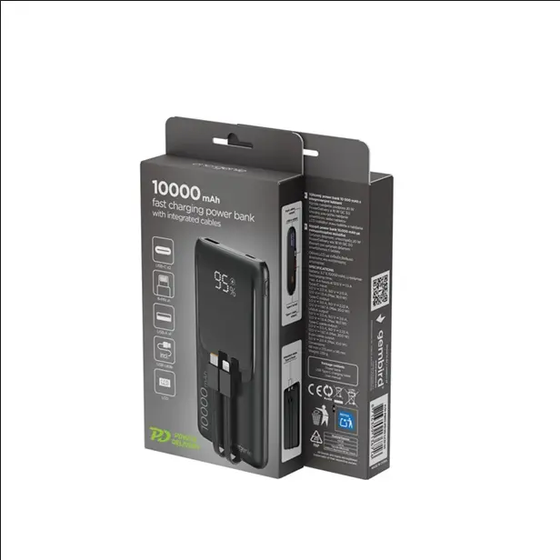 Gembird Power bank a ricarica rapida da 20 W con cavi integrati, 10000 mAh, nero