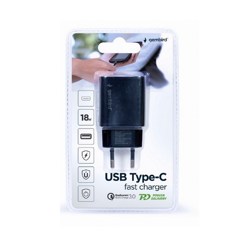 [TA-UQC3-03] Gembird Caricatore rapido 18w USB/TYPE-C, nero