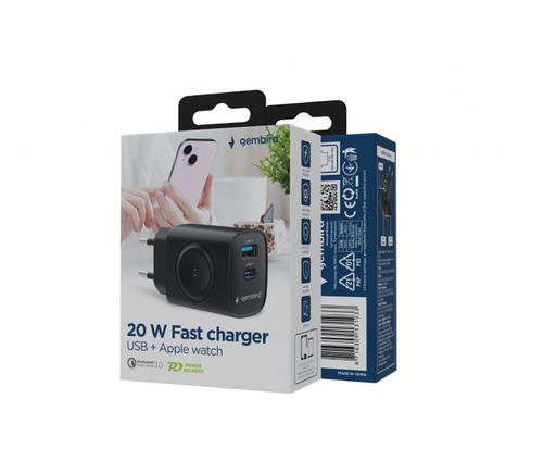 [TA-UC-PDQCW20-01-BK] Gembird Caricabatterie rapido ingresso USB & Type-C 20 W 3.0 , anche per smartwatch, Nero