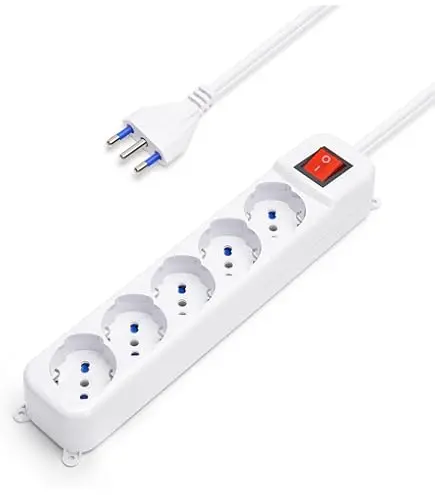 [ES115] Multipresa a 5 vie Shuko/Bipasso con interruttore 10A  1,5m  bianca